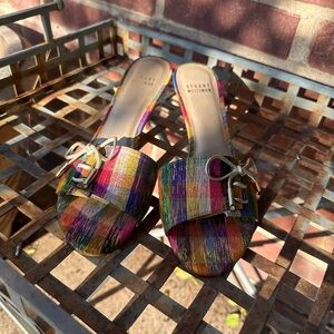 Stuart Weitzman metallic plaid kitten heel mules